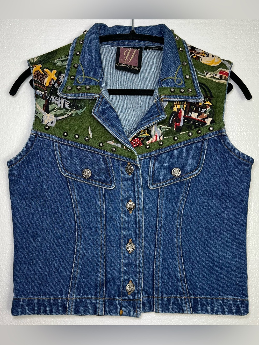Signature Gordon & James Denim Vest Blue Green Size S Western Scenic Studded
